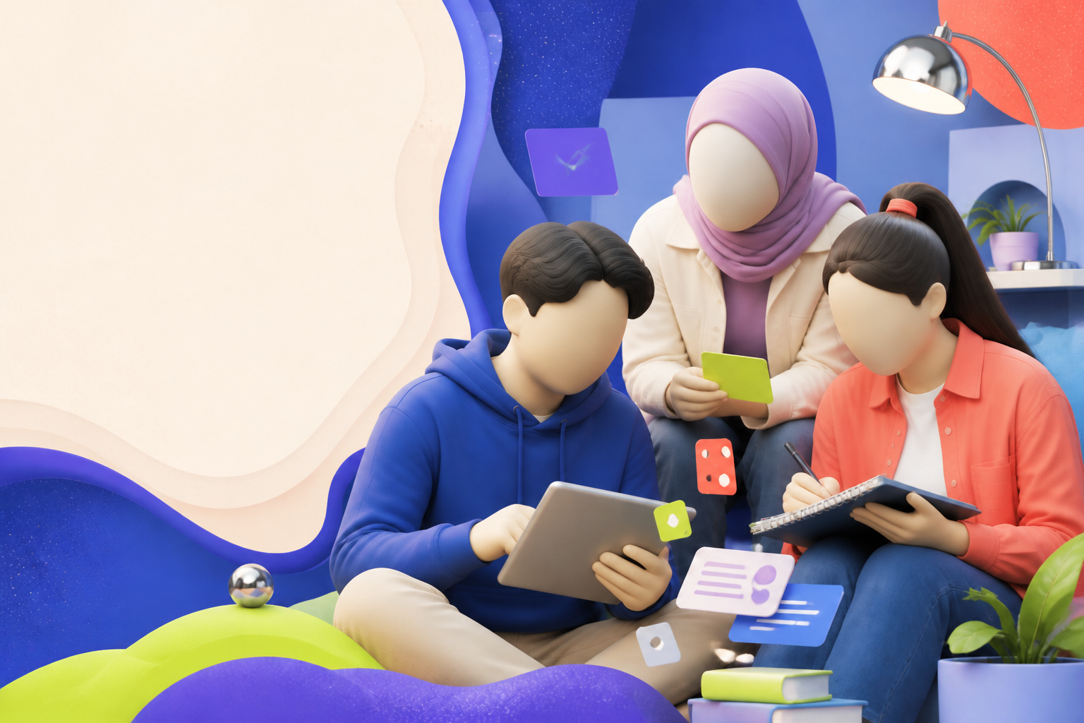 Tiga watak abstrak tanpa wajah belajar bersama menggunakan tablet, kad imbas dan buku nota